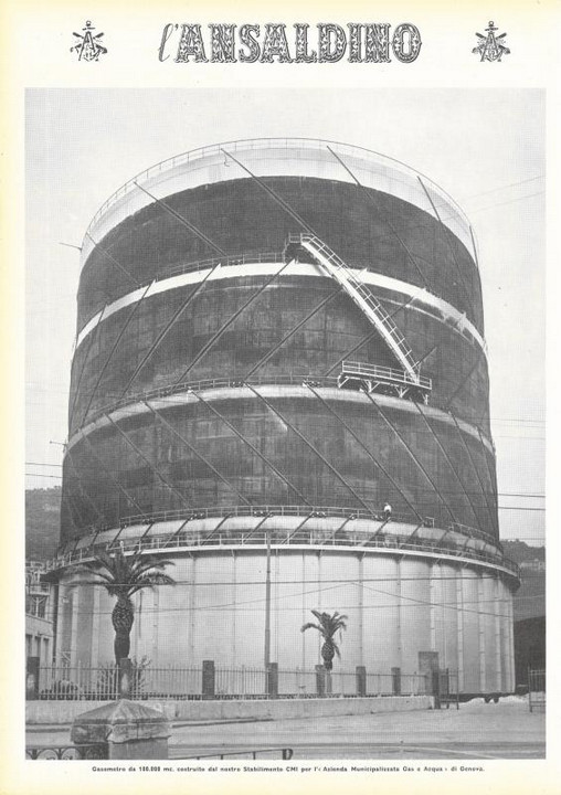 p. 16 (quarta di copertina), gasometro da 100000 mc. costruito dal nostro Stabilimento CMI per l'"Azienda Municipalizzata Gas e Acqua" di Genova